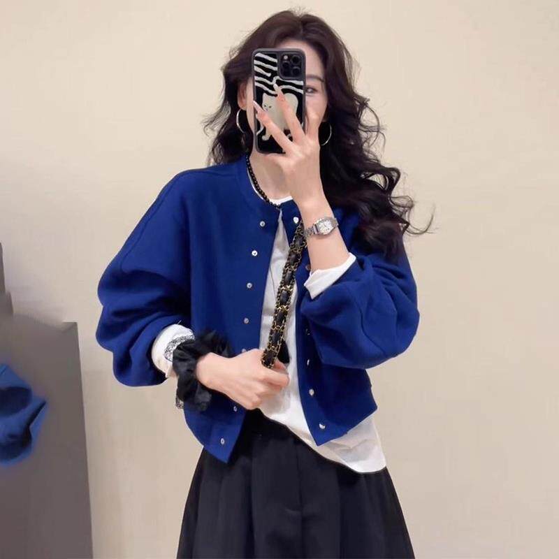 Rouje Damas蓝色卫衣外套秋季新款设计感小众短款棒球服显白上衣