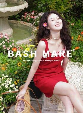 BASH MARE法式多巴胺小香风立体花连衣裙收腰红色海滩吊带短裙女