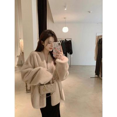 欧洲站2025新款V领开衫皮羊毛一体百搭皮草水貂绒毛毛外套女短款