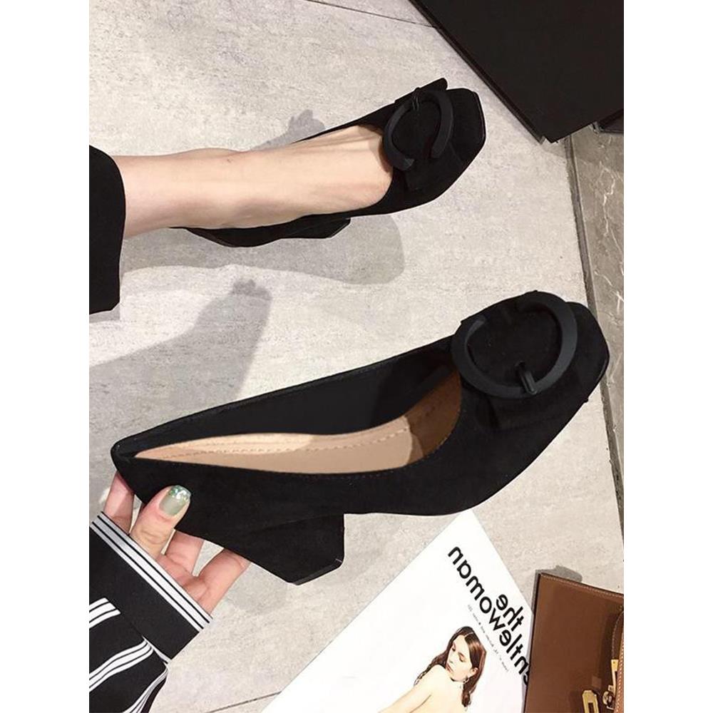 香港粗跟单鞋女2024春季新款四季鞋浅口瓢鞋绒面高跟鞋黑色工作鞋