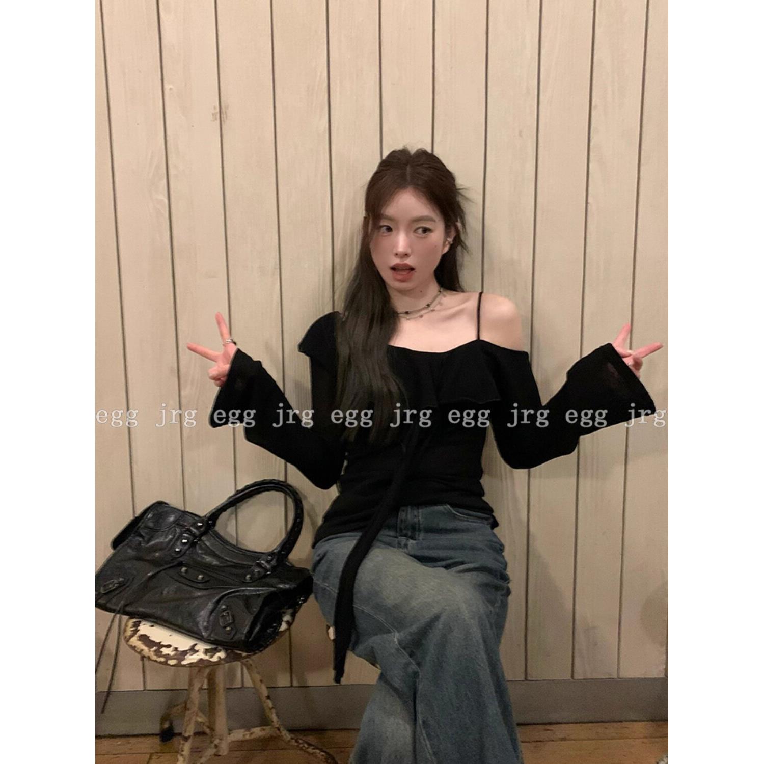 韩国EGG JRG早秋一字肩长袖防晒针织衫t恤女装薄款露肩吊带上衣潮