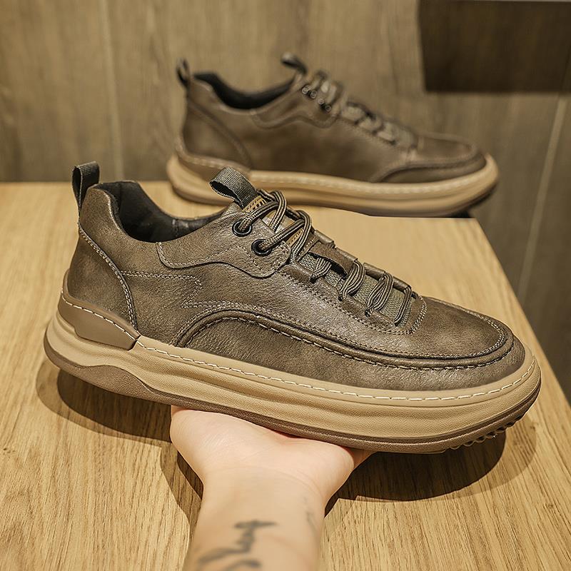 IT ins潮牌休闲皮鞋男秋季英伦复古真皮缝线厚底系带防滑运动板鞋