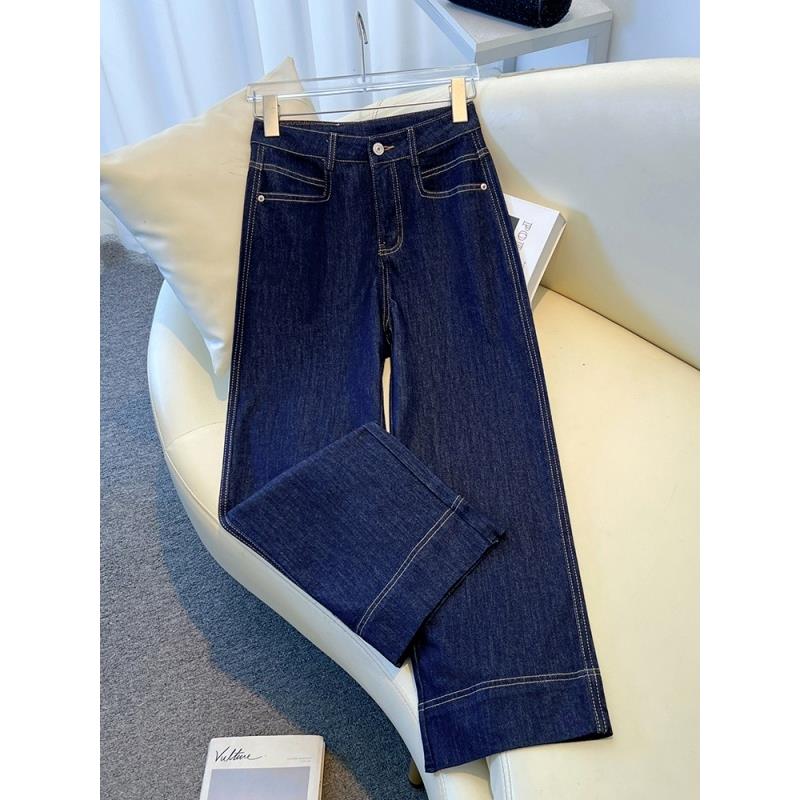 丹宁蓝窄版阔腿牛仔裤女秋季2025新款小个子高腰显瘦九分裤直筒裤