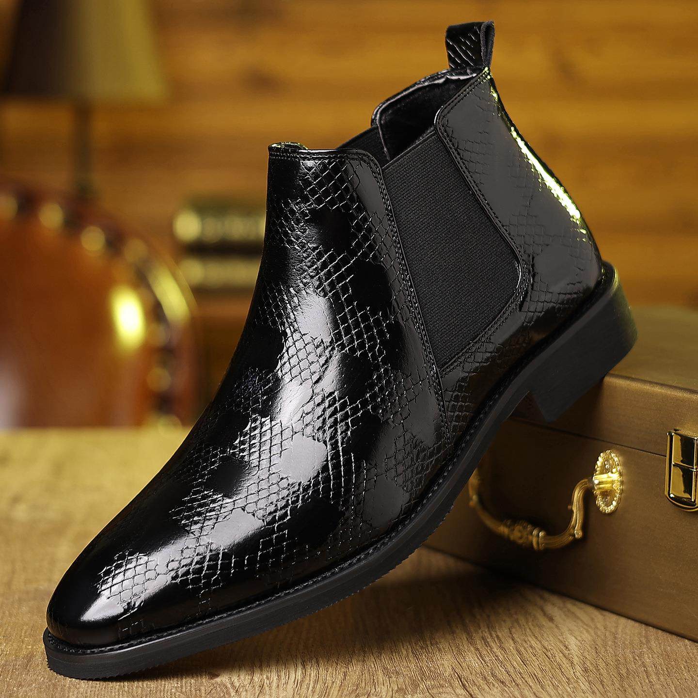 高帮鞋男格子男士尖头百搭马丁靴男真皮男款皮靴子商务休闲皮鞋男