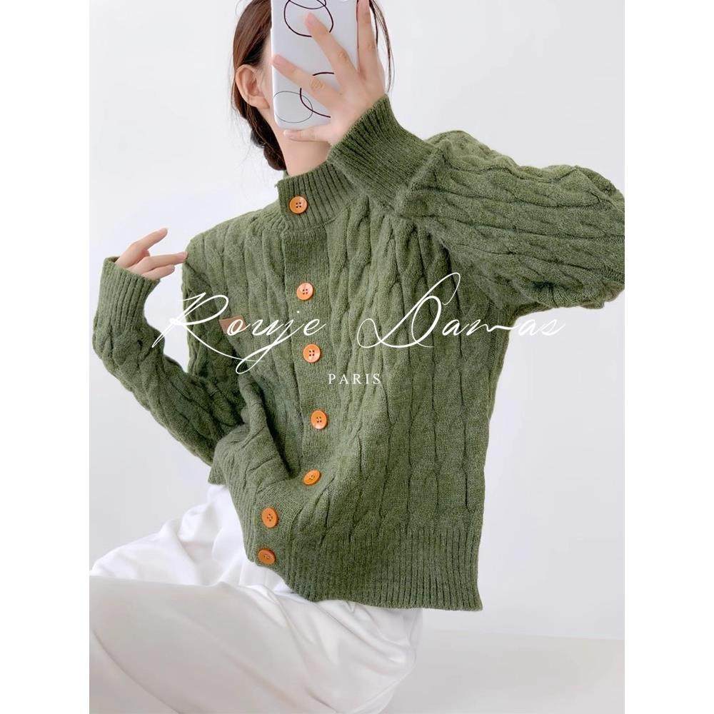Rouje Damas绿色麻花针织开衫毛衣外套女外搭森系覆古针织衫上衣,女装/女士精品,常规大码外套,淘宝优惠券,粉丝福利购,淘宝优惠卷