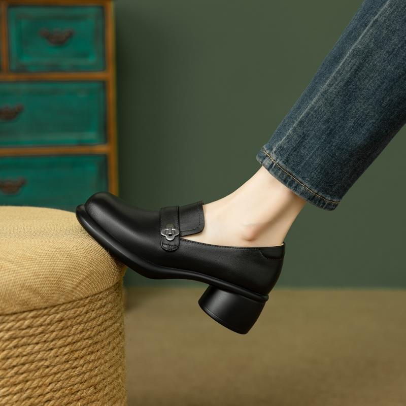 软面复古真皮厚底小皮鞋女春秋新款粗跟圆头深口单鞋一脚蹬乐福鞋