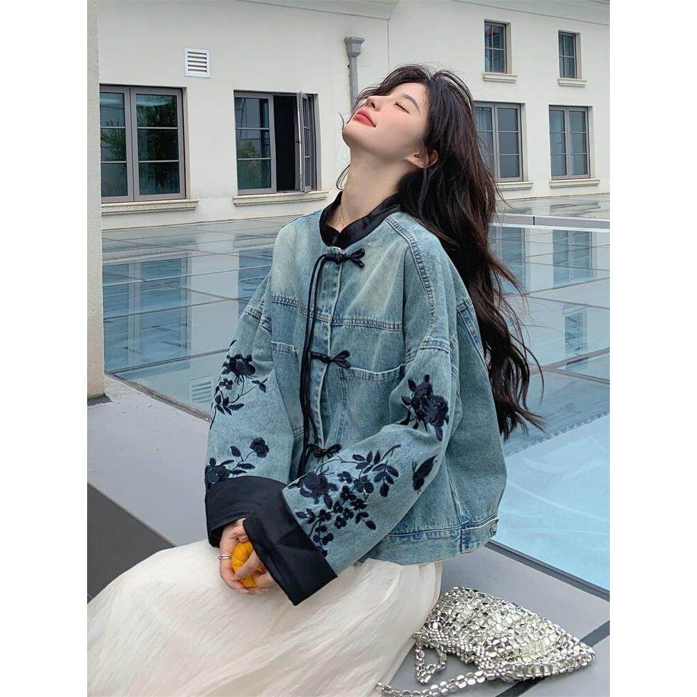 IT UNDER GARDEN 新中式碎花刺绣国风牛仔外套女春季2025新款上衣