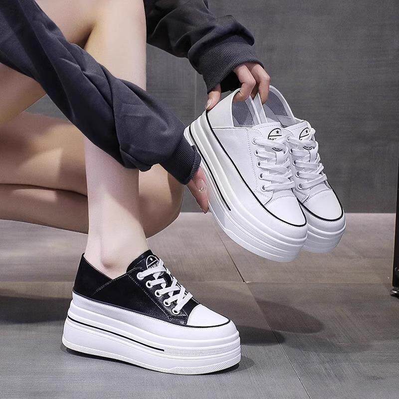 韩国小个子内增高女鞋8cm百搭真皮两穿2025春厚底松糕鞋小白鞋女