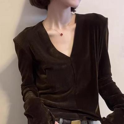 rouje bonjour熟女风丝绒深V领正肩时尚显瘦修身长袖上衣T恤女秋