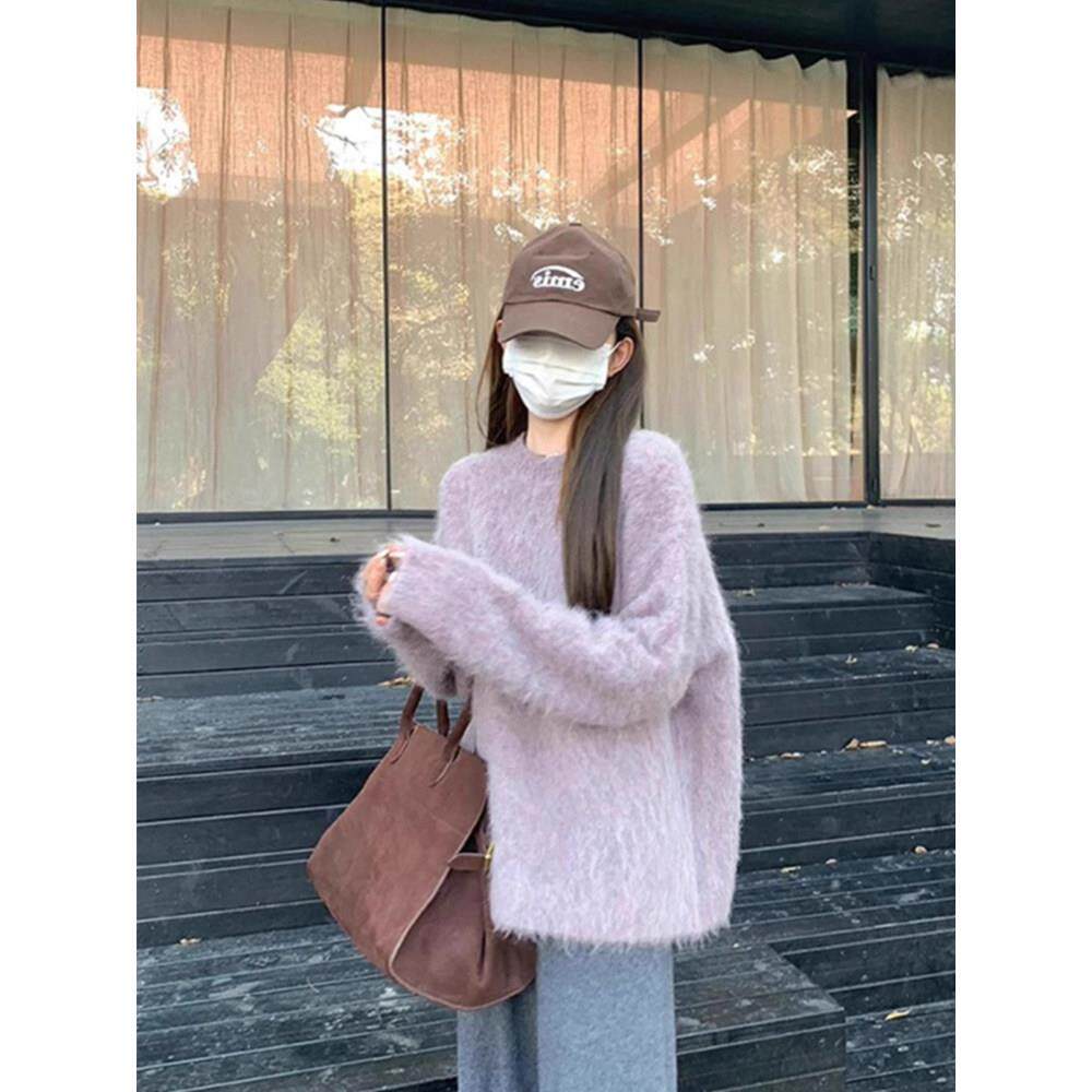 欧洲站紫色水貂绒圆领毛衣女2025年冬季新款加厚慵懒风针织衫上衣
