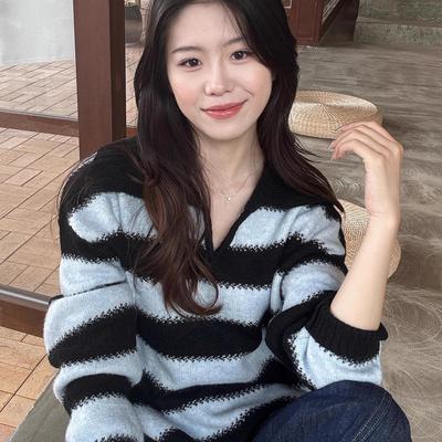 Rouje Damas条纹翻领针织毛衣慵懒风宽松软糯休闲宽松艺术家上衣