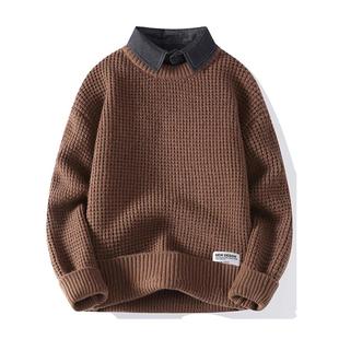 秋冬季 针织衫 加厚保暖秋装 领长袖 上衣线衣衬衫 潮牌假两件毛衣男士