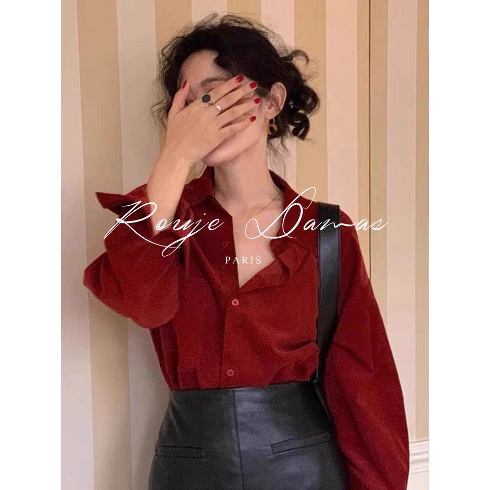 Rouje Damas法式覆古灯芯绒红色衬衫女内搭叠穿磨毛衬衣长袖上衣