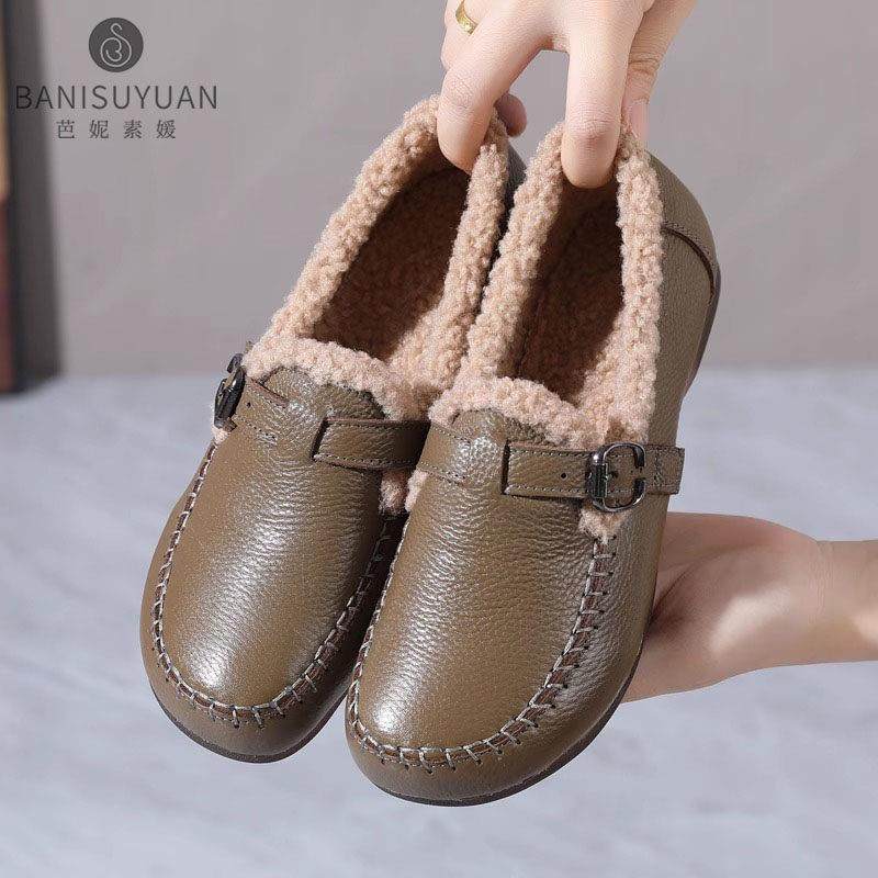 平底真皮单鞋女秋冬季2025新款外穿毛毛鞋软底加绒保暖妈妈棉鞋