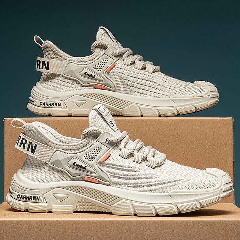 潮牌夏季新款透气运动跑步网面鞋男士厚底飞织网系带薄款休闲 鞋