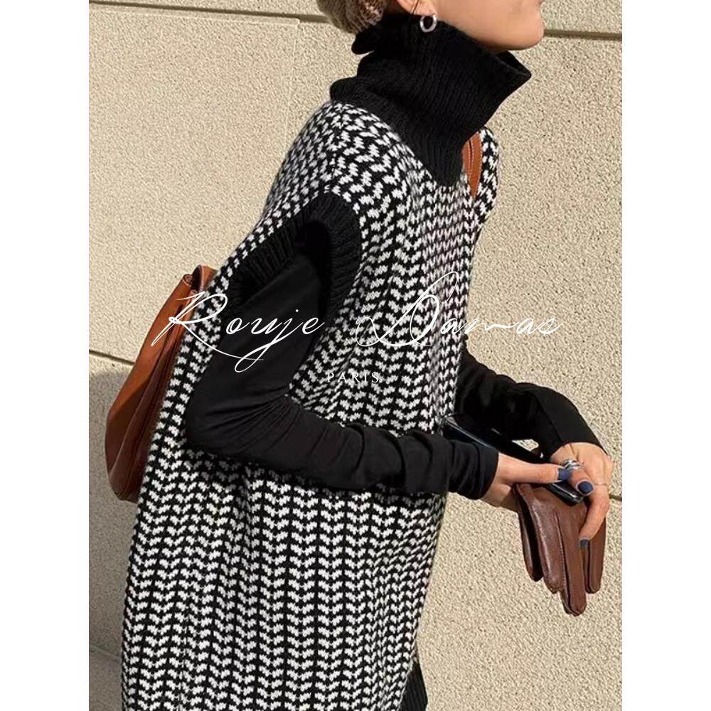 Rouje Damas高领千鸟格毛衣马甲女装外穿中长款坎肩针织背心马夹