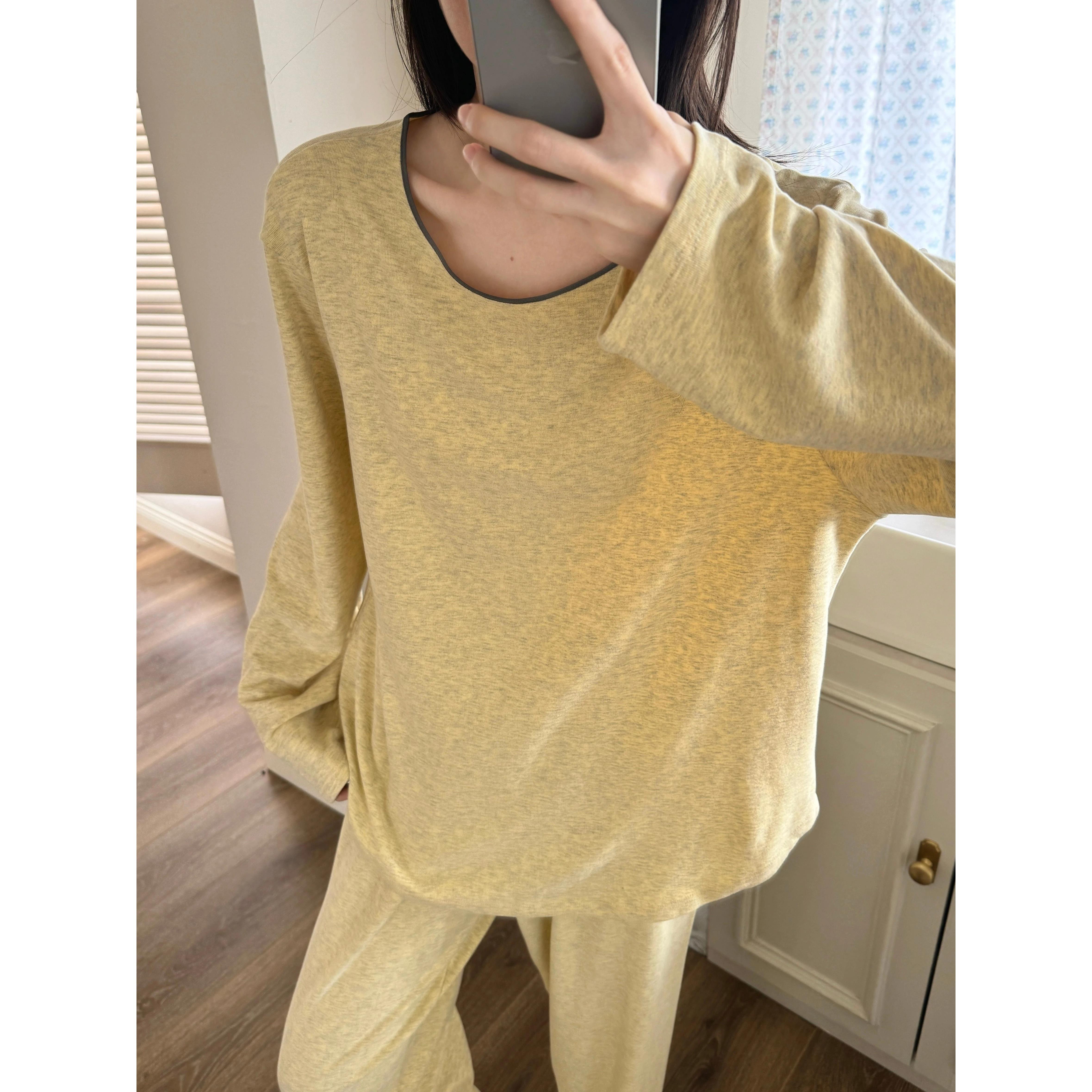 半塘摩卡！！Orange Sea！简约慵懒风睡衣女春秋纯色亲肤长袖宽松