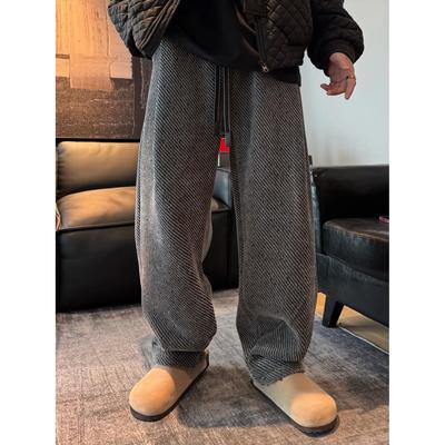 潮牌秋冬慵懒风斜条纹加绒阔腿休闲裤男宽松显瘦垂感拖地直筒长裤