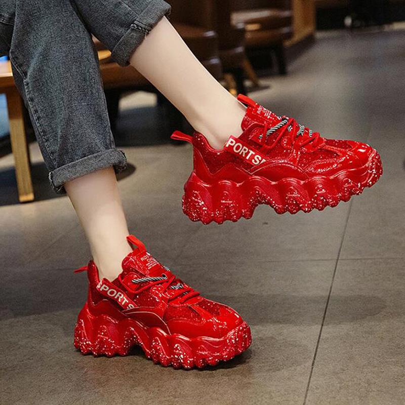时尚女鞋老爹鞋女旅游鞋2025夏季新款厚底鞋子休闲 红色松糕运动