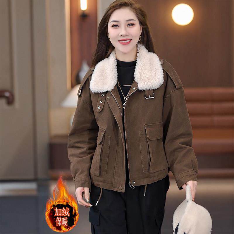 加绒工装牛仔棉服短外套女2025冬季新款显瘦宽松加厚保暖夹克上衣