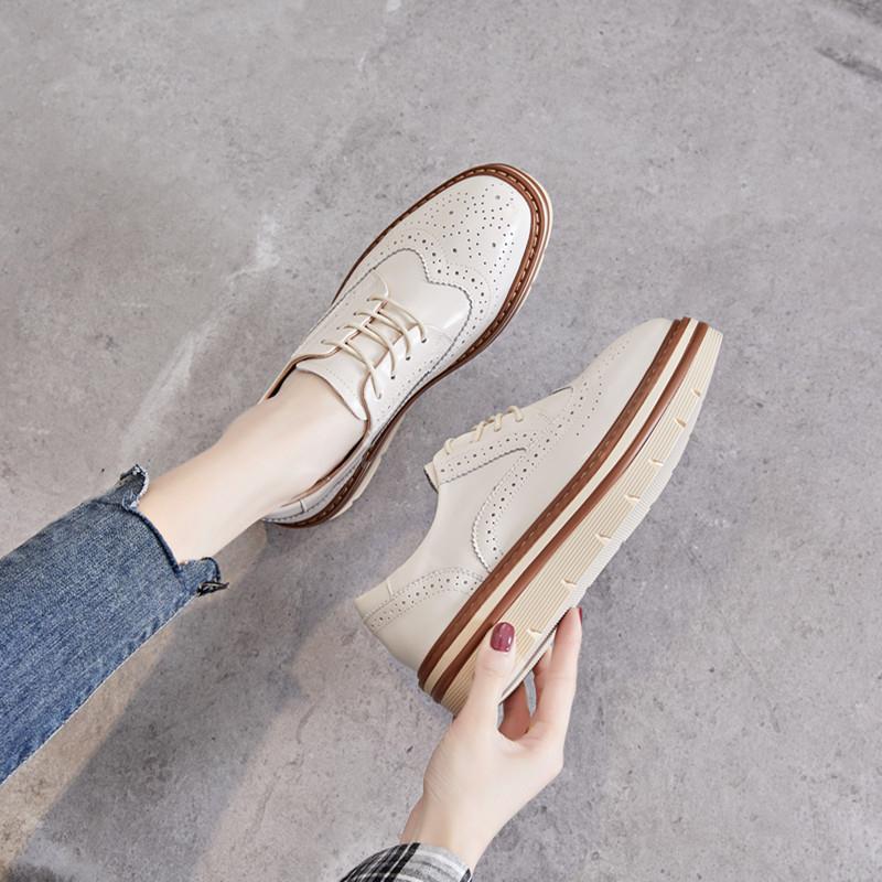 白色小皮鞋女2025新款百搭英伦风真皮复古松糕厚底配裙子深口单鞋