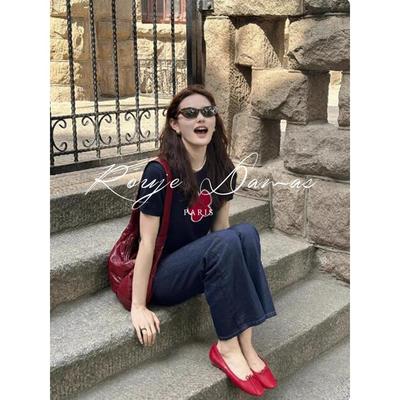 Rouje Damas法式撞色花朵圆领短袖针织衫女覆古高级感T恤打底上衣