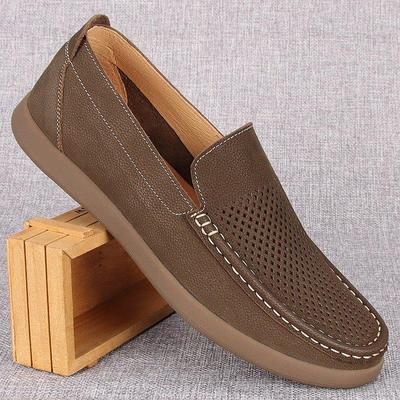 高端夏季新款头层牛皮镂空透气休闲鞋男真皮软底一脚蹬豆豆乐福鞋