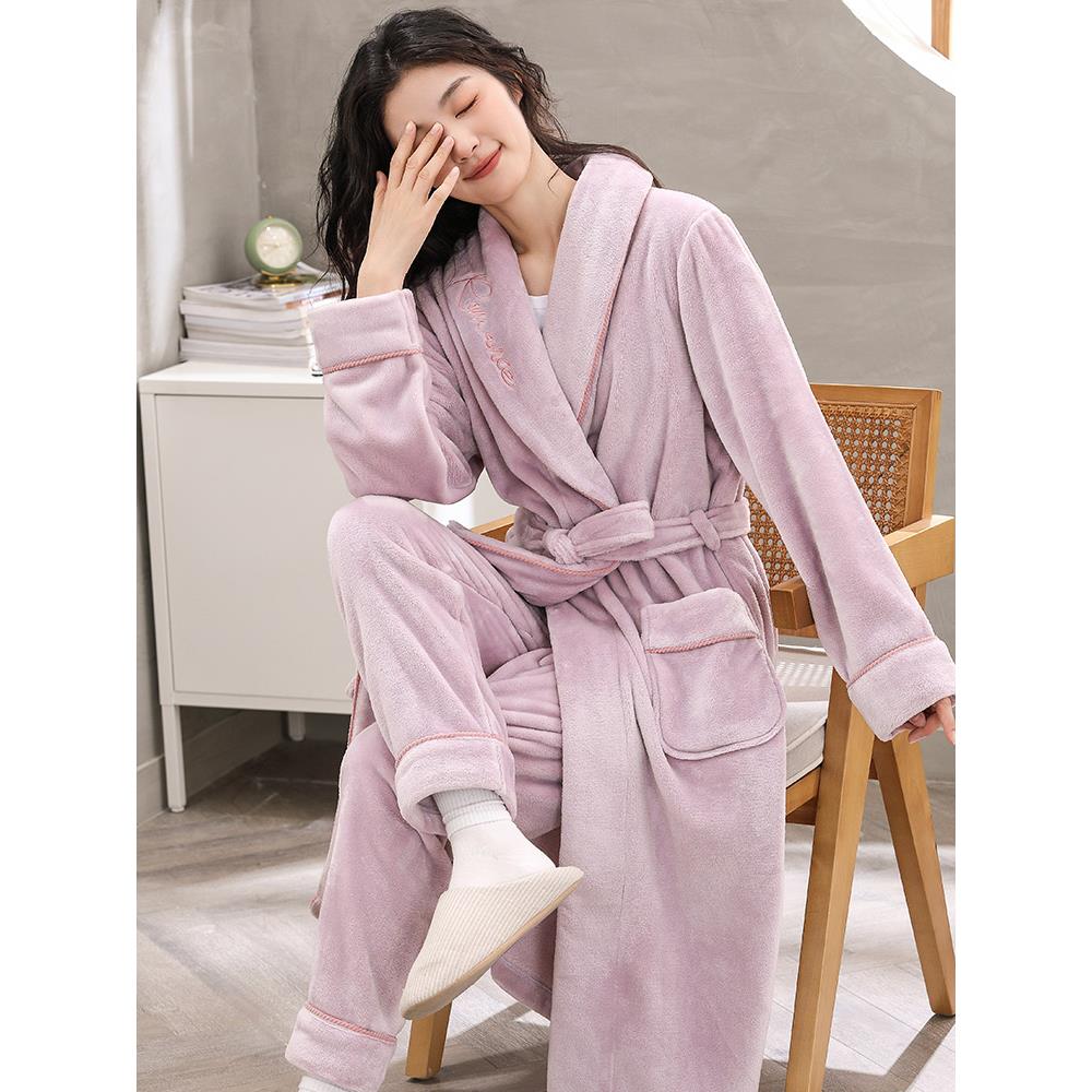 浴袍女冬季新款法兰绒长款睡袍加绒加厚睡衣珊瑚绒秋冬晨袍家居服