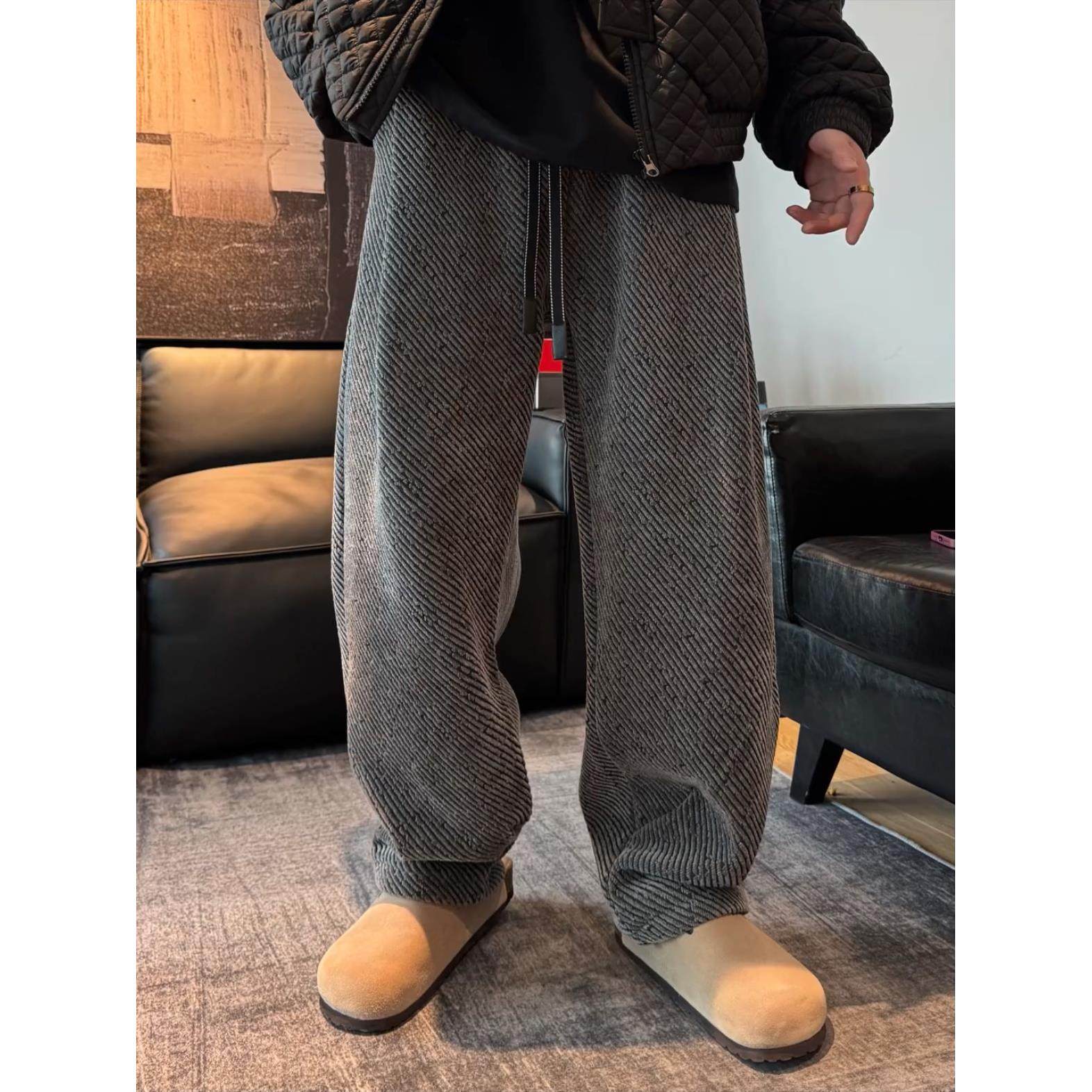 潮牌秋冬慵懒风斜条纹加绒阔腿休闲裤男宽松显瘦垂感拖地直筒长裤