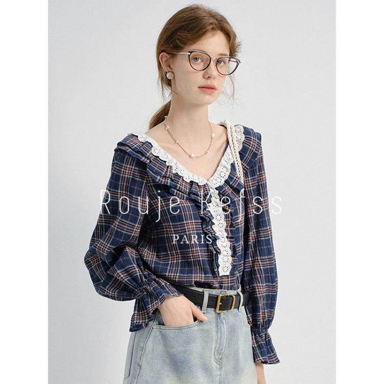 rouje kefss法式格子V领蕾丝花边衬衫女秋季覆古荷叶边灯笼袖上衣,女装/女士精品,大码内搭,淘宝优惠券,粉丝福利购,淘宝优惠卷
