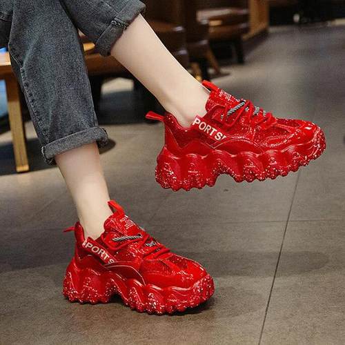 时尚女鞋老爹鞋女旅游鞋2025夏季新款厚底鞋子休闲 红色松糕运动