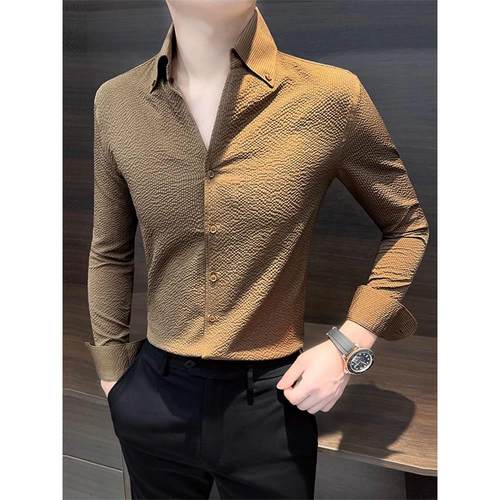 轻奢泡泡纱纯色衬衫男士秋季新款大领商务休闲修身薄款透气高级感