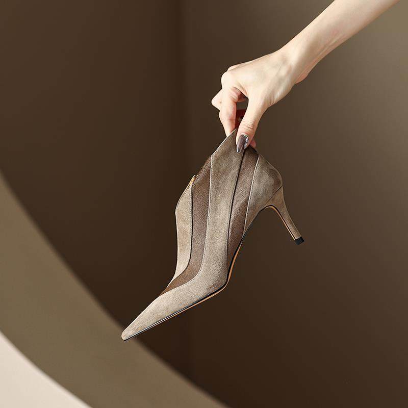 Ocnltiy~~跟高7CM 真皮尖头短靴女2024春秋新款细跟高跟拼色单靴