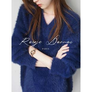 软糯系浣熊绒马海毛克莱因蓝V领毛衣女针织衫 法国Rouje Damas法式