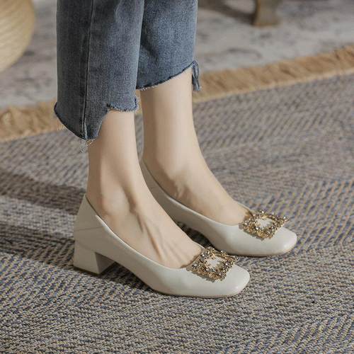 新款强推！通勤百搭真皮粗跟气质法式瓢鞋职业鞋裸色高跟鞋单鞋女