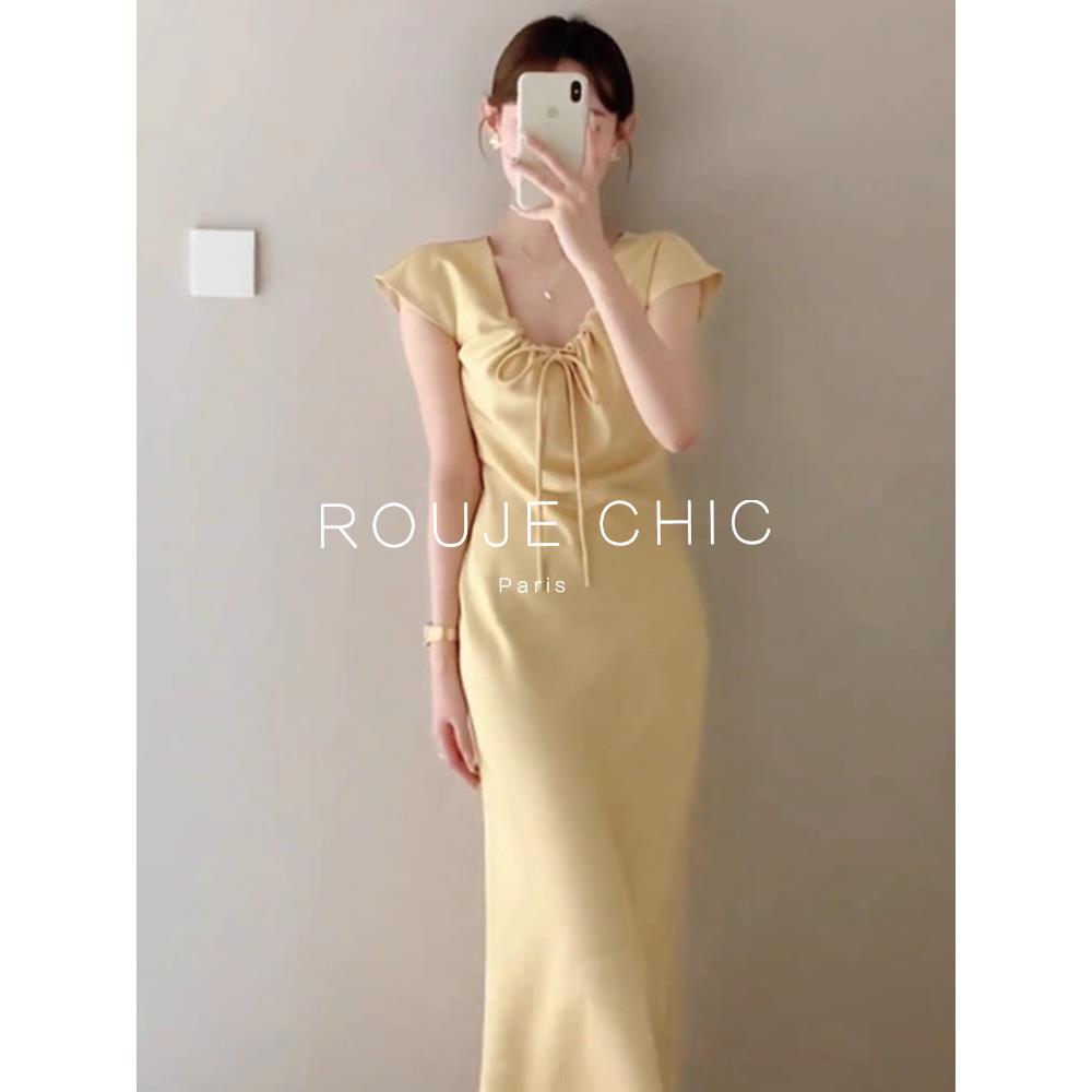 ROUJE CHIC法式高级感缎面连衣裙夏季新款设计感抽绳圆领连衣裙女
