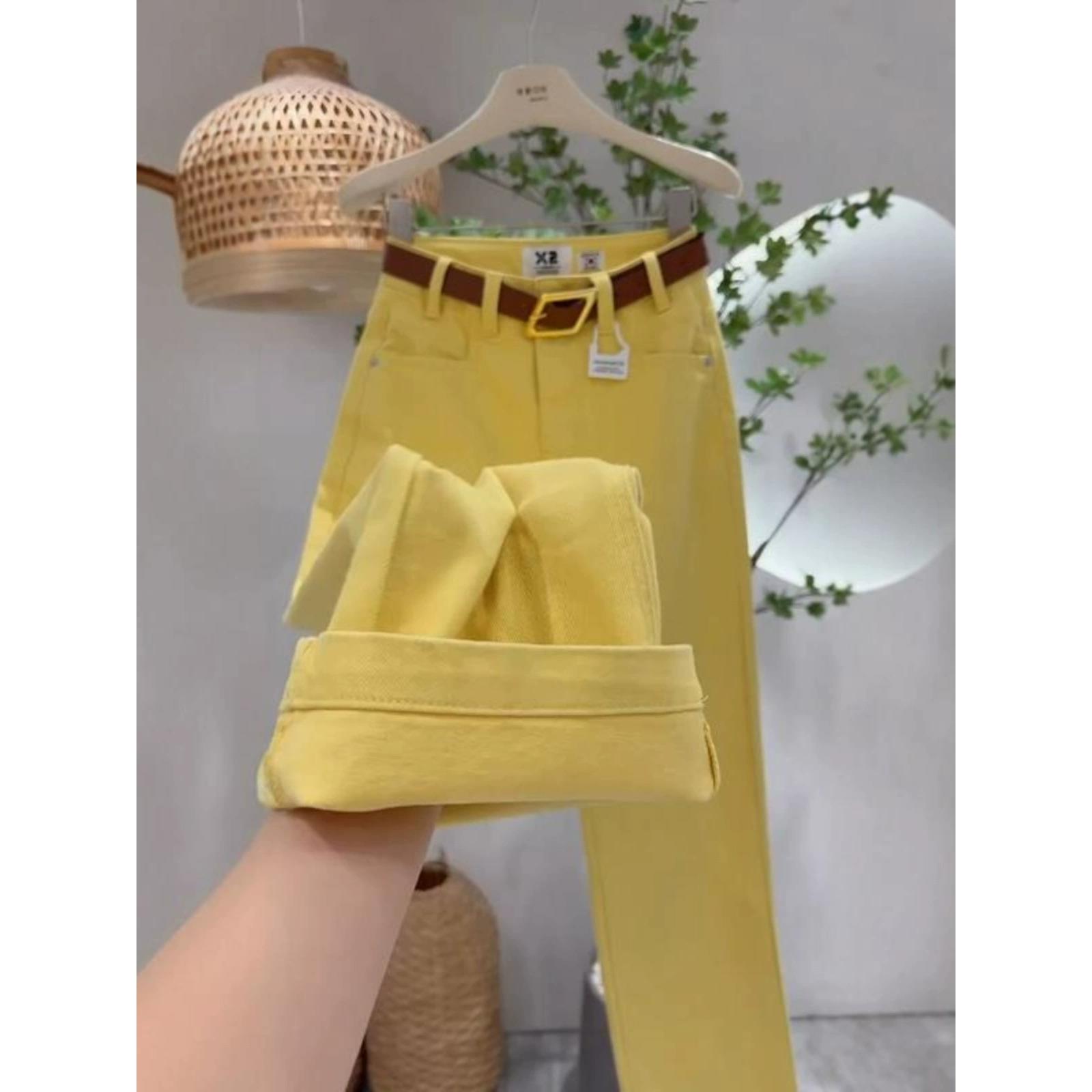 班奈悦黄色阔腿牛仔裤女春季新款高腰宽松显瘦时尚百搭直筒休闲裤