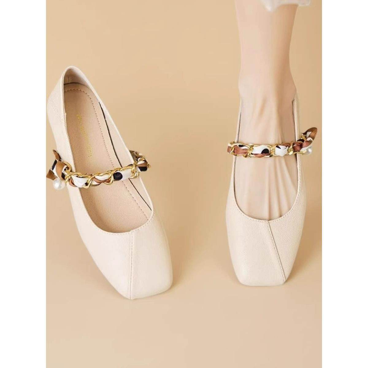 Qvu ~品牌柜台!法国玛丽简2025新软皮革小跟平底鞋时尚百搭平底鞋,女鞋,浅口单鞋,淘宝优惠券,粉丝福利购,淘宝优惠卷