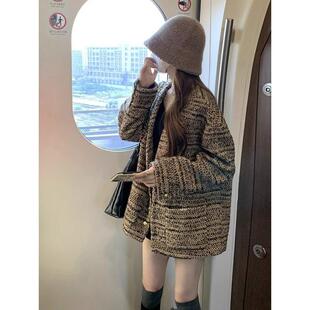 tach damas法式高级感名媛气质粗花呢编织v领外套女冬中长款上衣