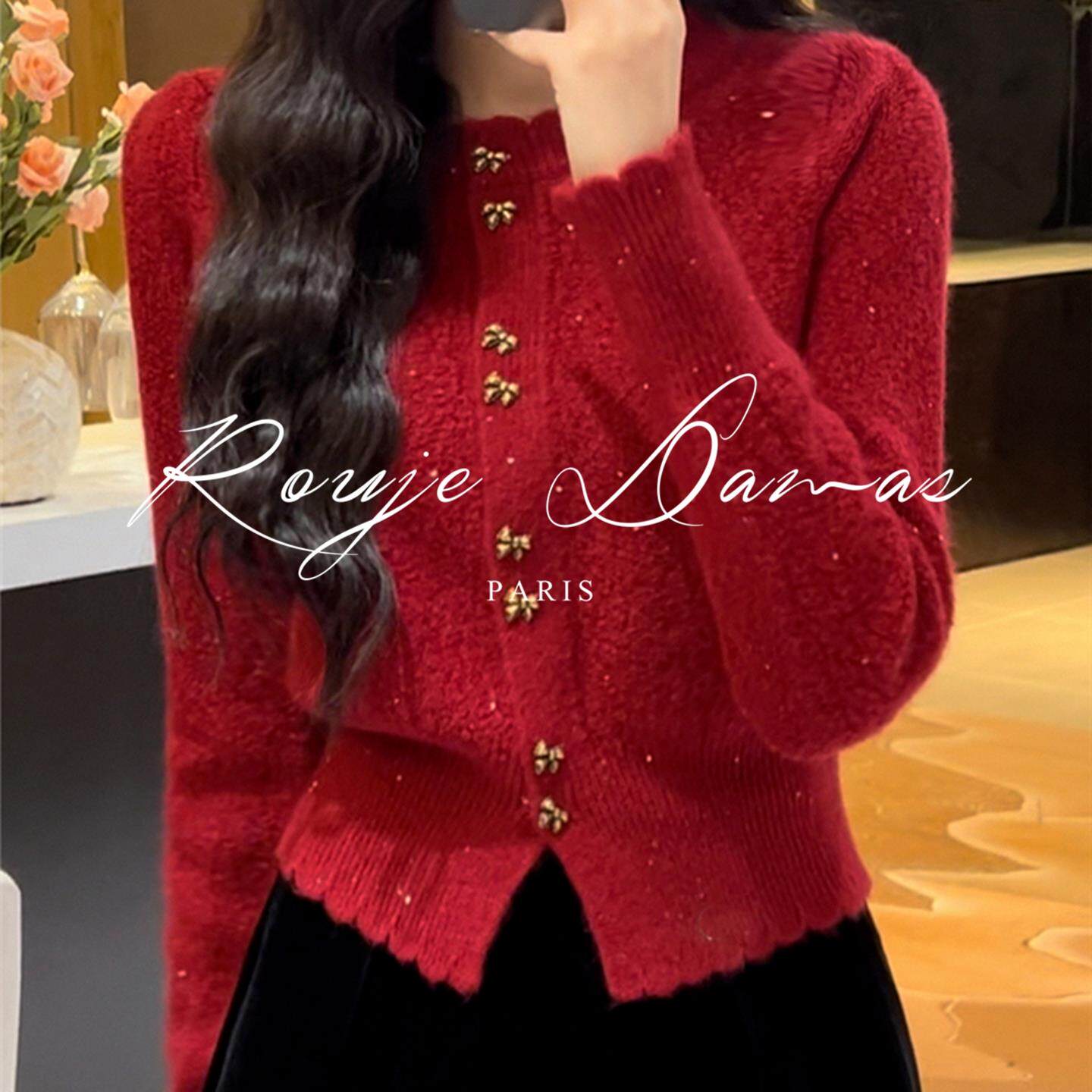 Rouje Damas红色小香风毛衣外套女装高级感气质短款长袖针织开衫