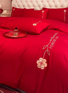 tuf4中式刺绣活性大红色床单被套陪嫁结婚婚庆四件套印染棉