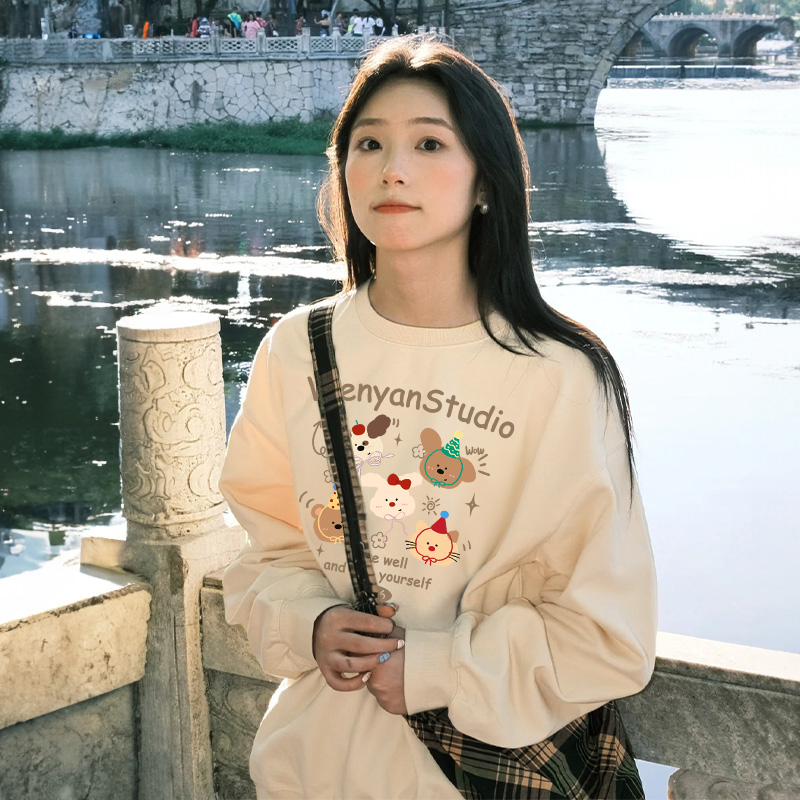 2025新款圆领卫衣女春秋薄款小个子外套爆款韩版休闲宽松上衣印花
