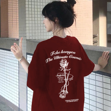 chic港味酒红色纯棉正肩女T恤短袖夏2025新款宽松小个子体恤上衣
