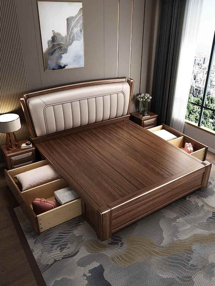 顾家主家居胡桃木实木床中式软包现代简约卧室1.8米大床轻奢双人