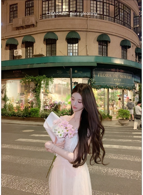 池昭昭26ss/云粉佳期 方圆同款女神感蕾丝拼接缠绕白色连衣裙长裙