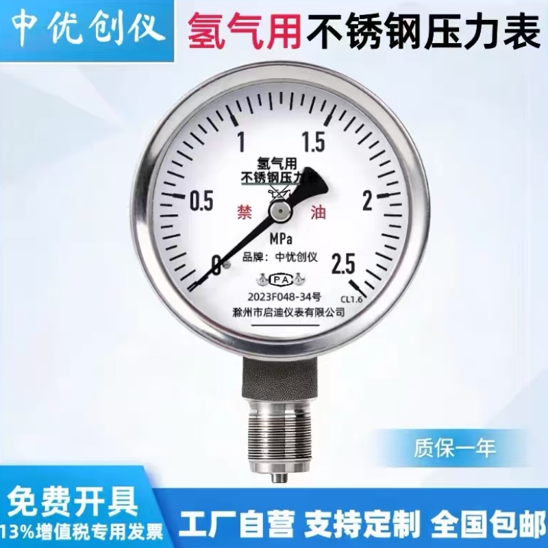 YTFO100BF氢气专用压力表304不锈钢禁油1.6级 6/40/16/25/60MPa