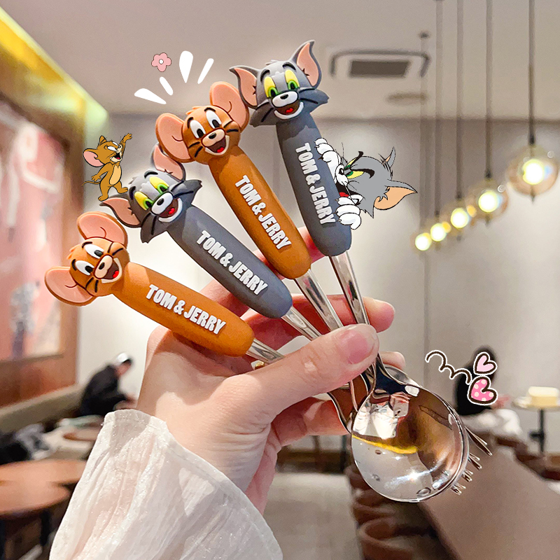 猫和老鼠儿童勺子家用不锈钢宝宝吃饭勺个人专用可爱硅胶汤勺叉子