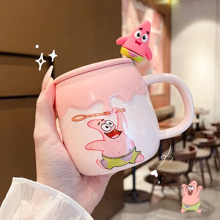 海绵宝宝陶瓷杯子带盖勺家用儿童水杯马克杯可爱女生牛奶杯咖啡杯