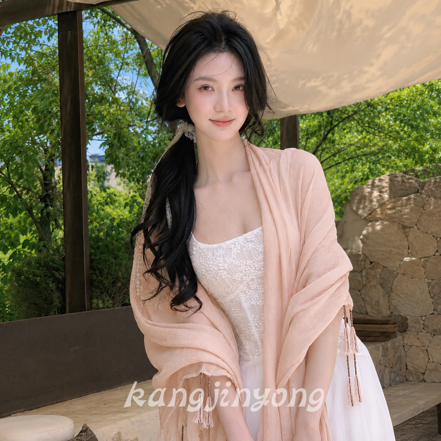 显白质感粉色披肩云南旅游防晒