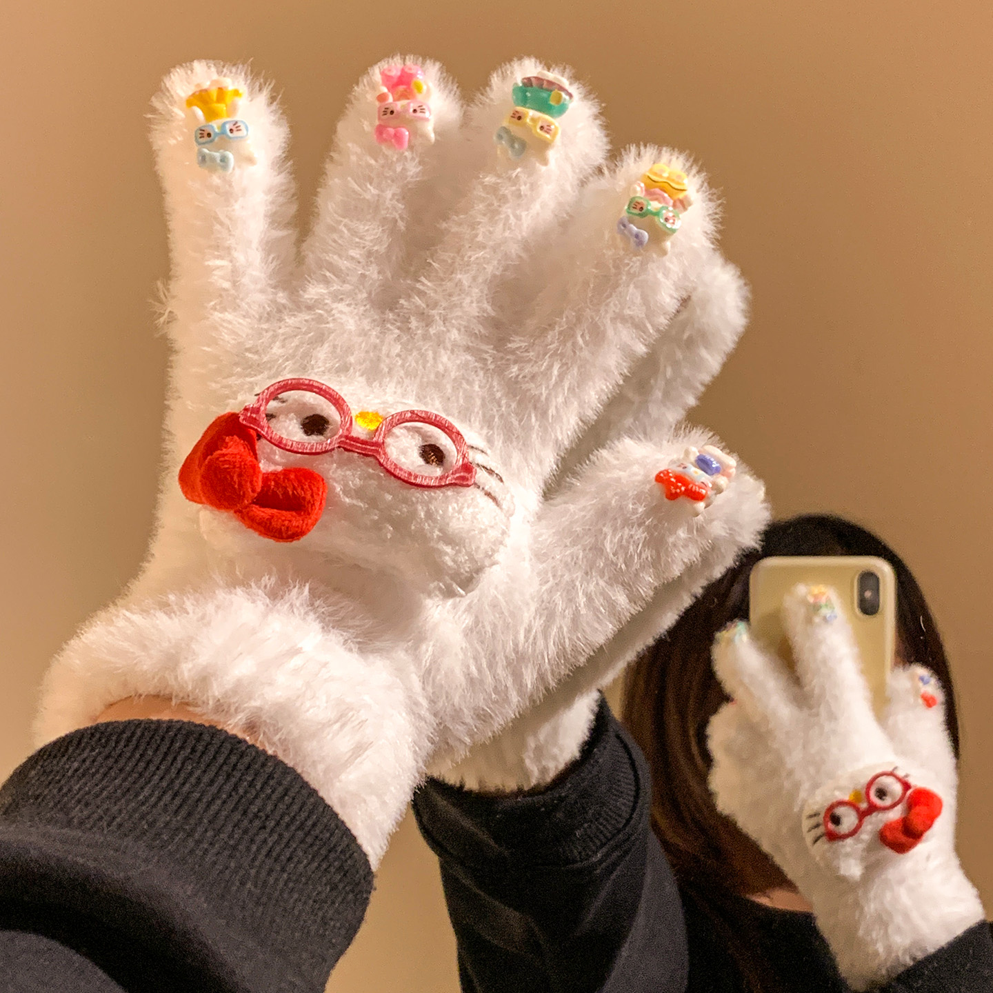 白色可爱眼镜Kitty猫毛绒针织手套女冬季保暖防寒骑行五指可触屏